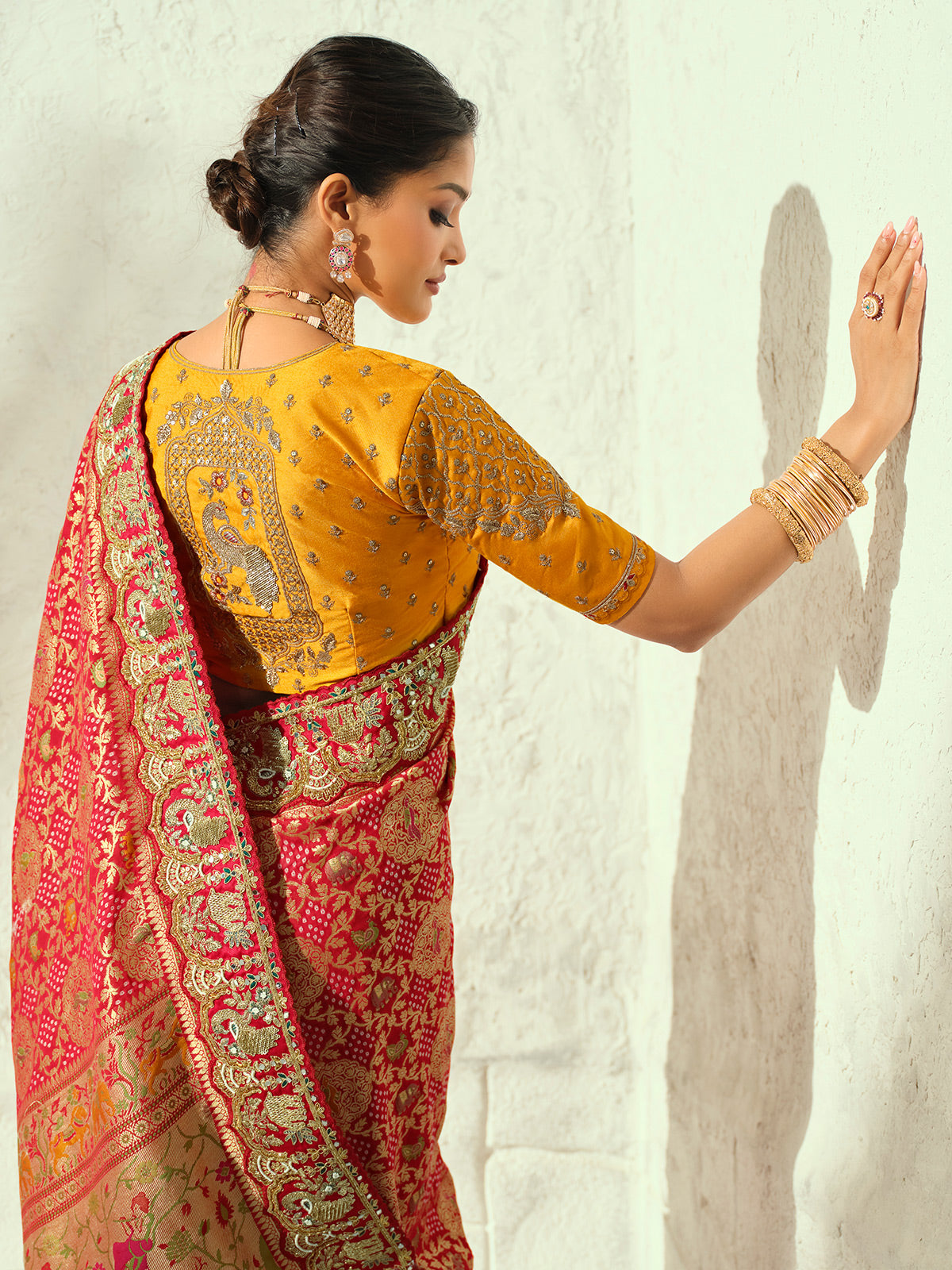 Red royal shikargah designer women bandhej saree