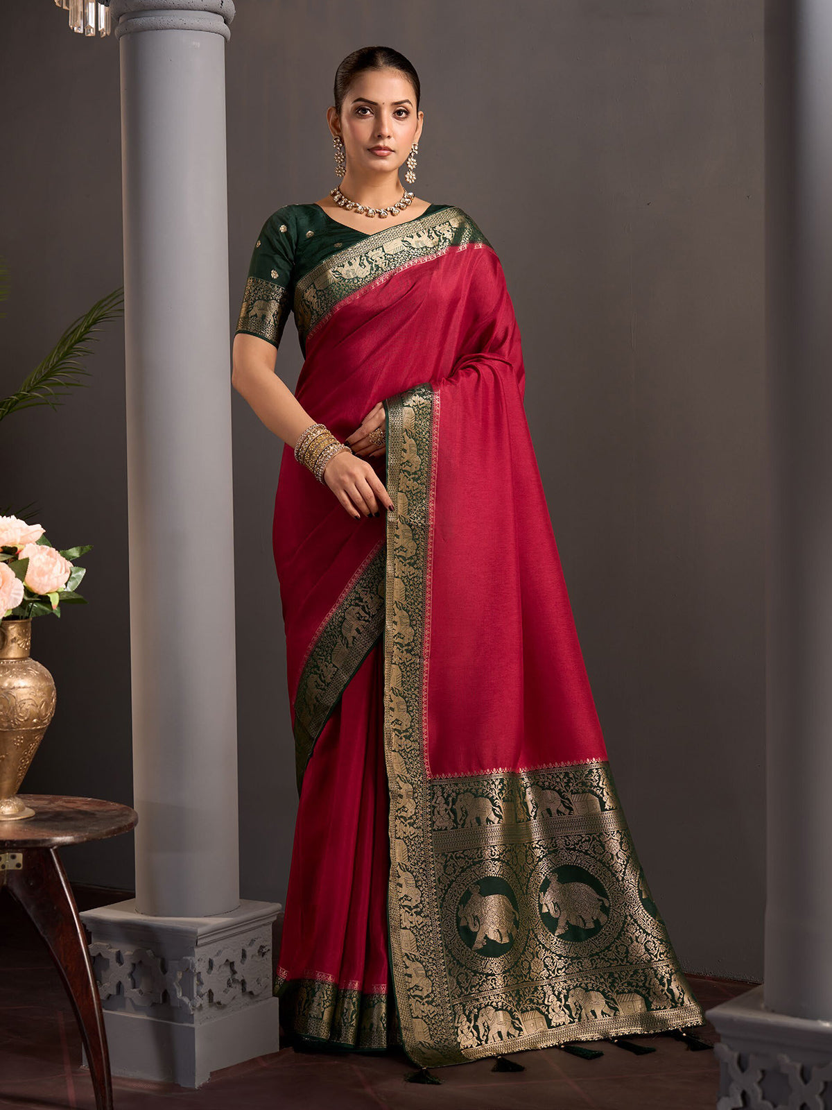 Rani pink peony border women saree