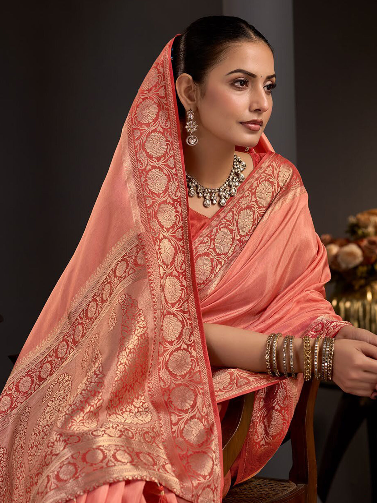 Peach floral vine border designer women saree