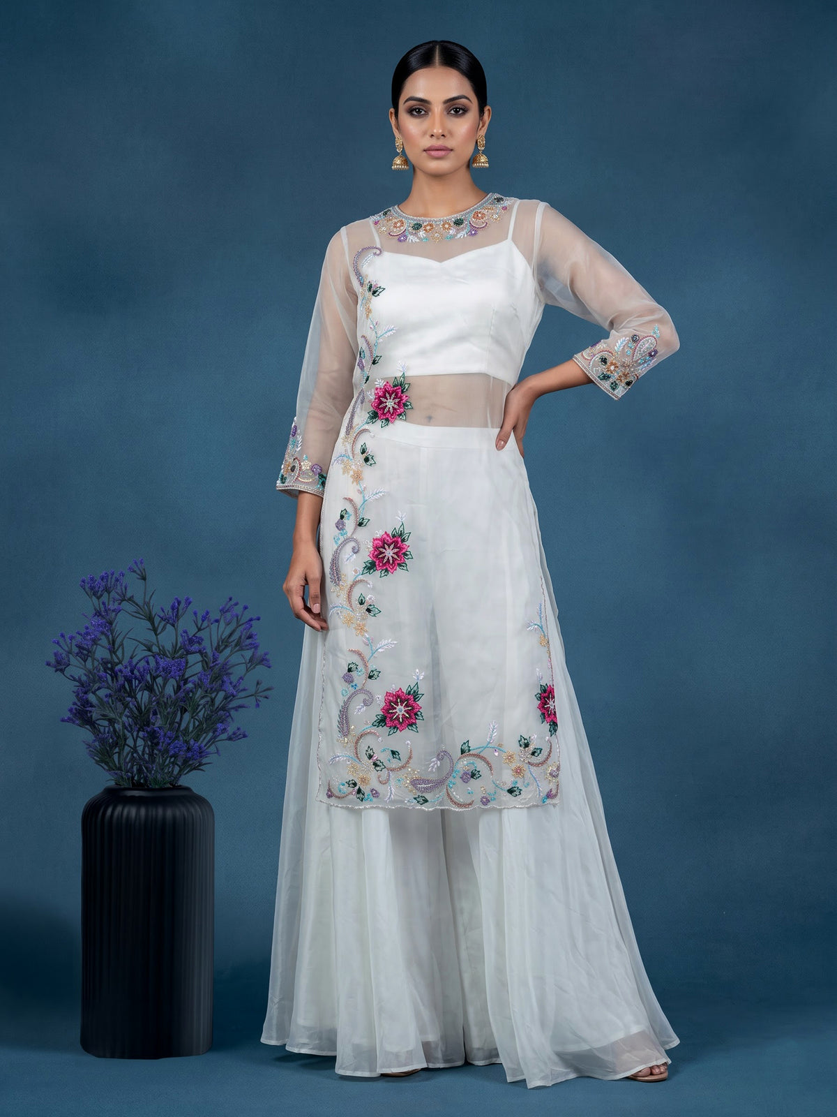 White floral organza designer women palazzo suit