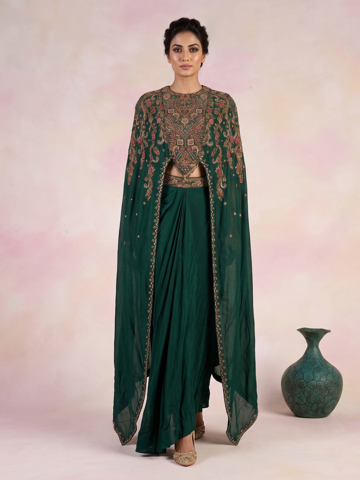 Green mughal floral designer women indo western suit