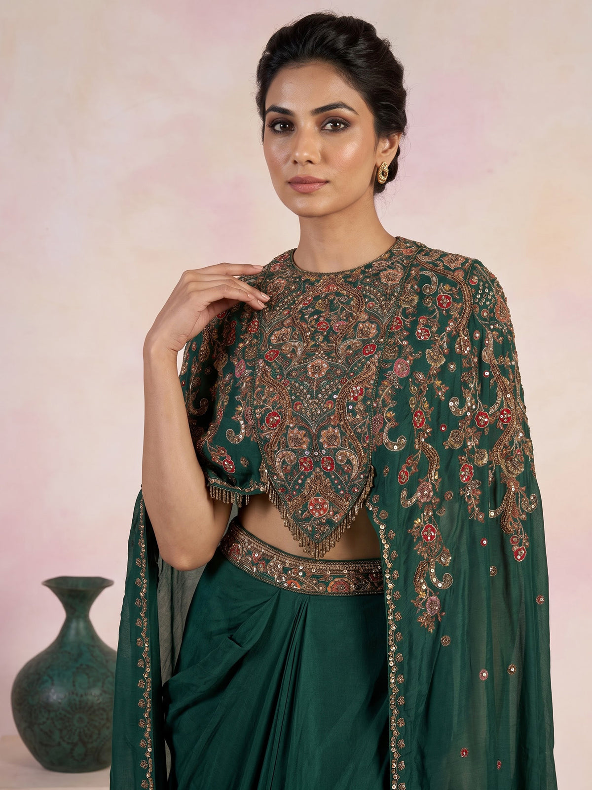 Green mughal floral designer women indo western suit