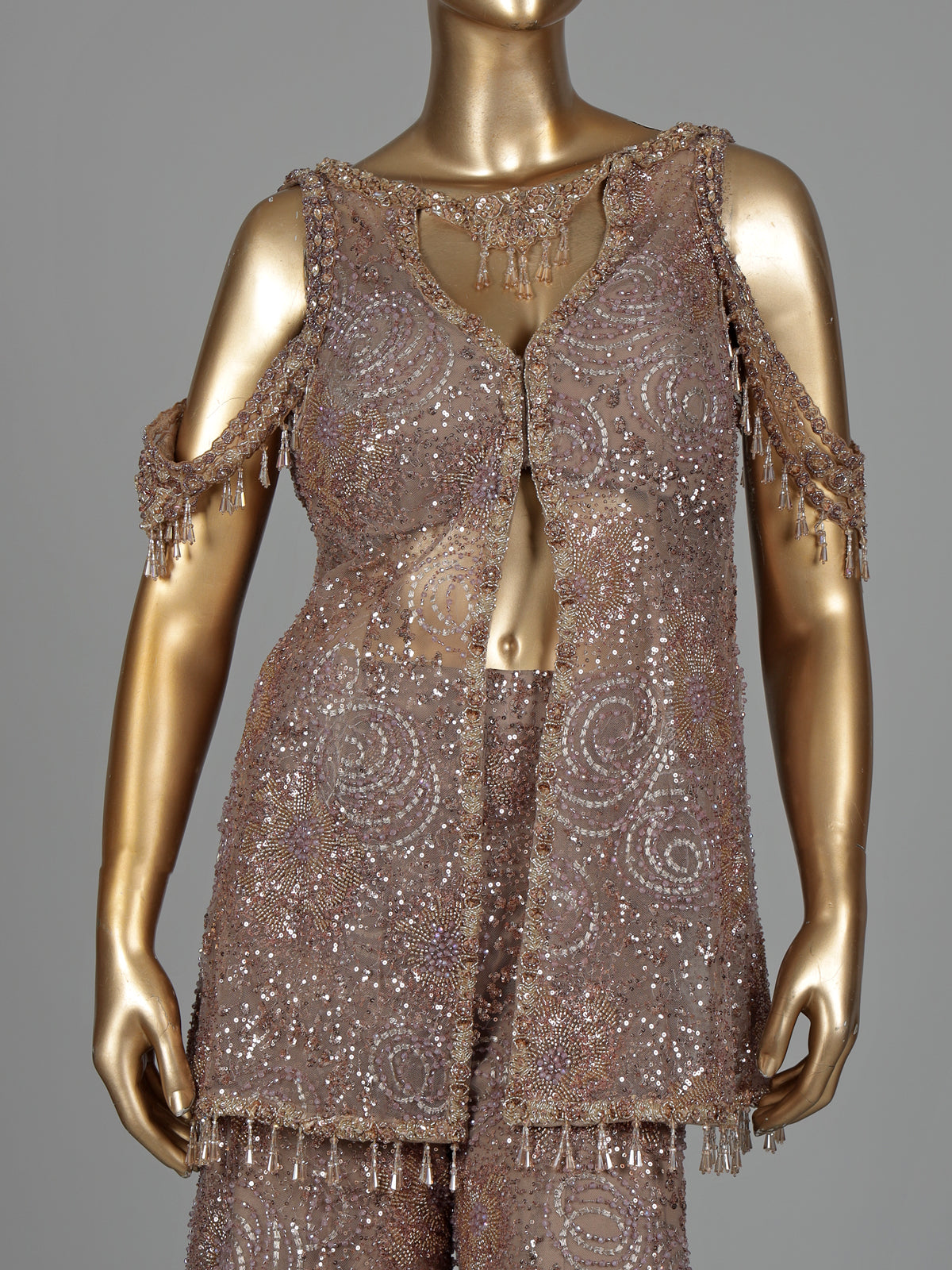 Beige crystal fringe designer women sharara suit