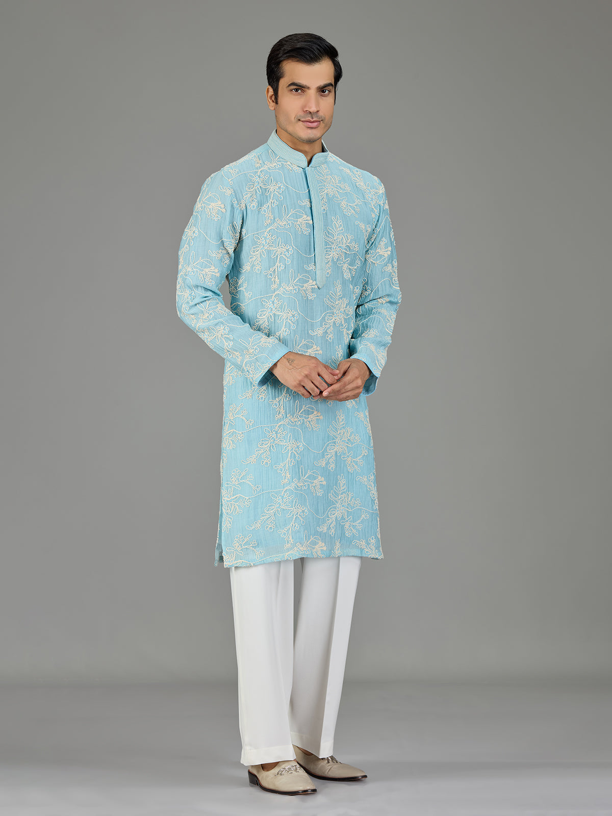 Sky blue floral zardosi men kurta suit