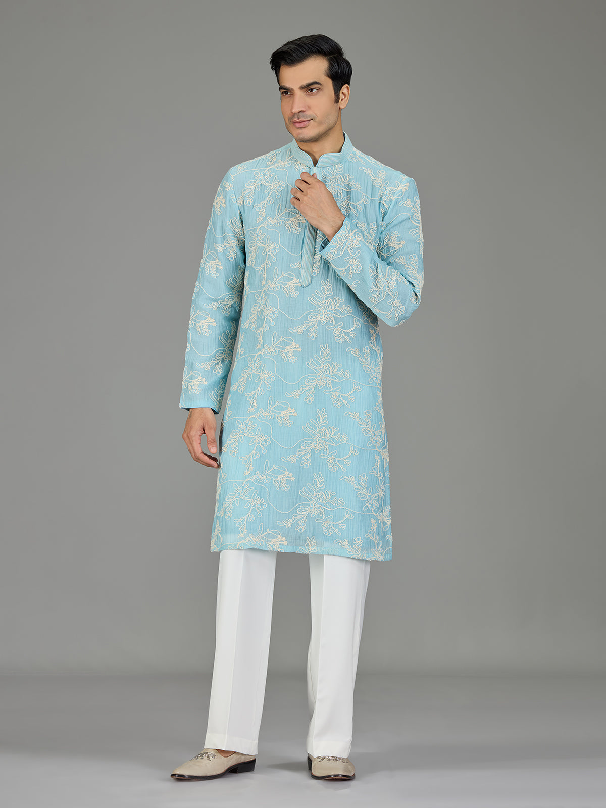 Sky blue floral zardosi men kurta suit