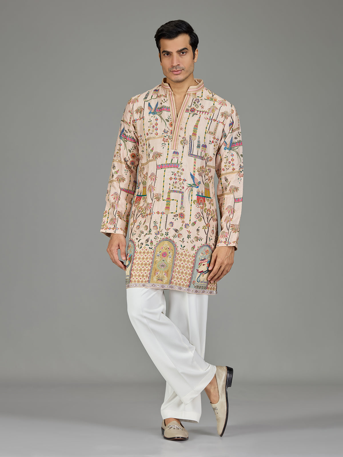 Beige royal scenery print men kurta suit
