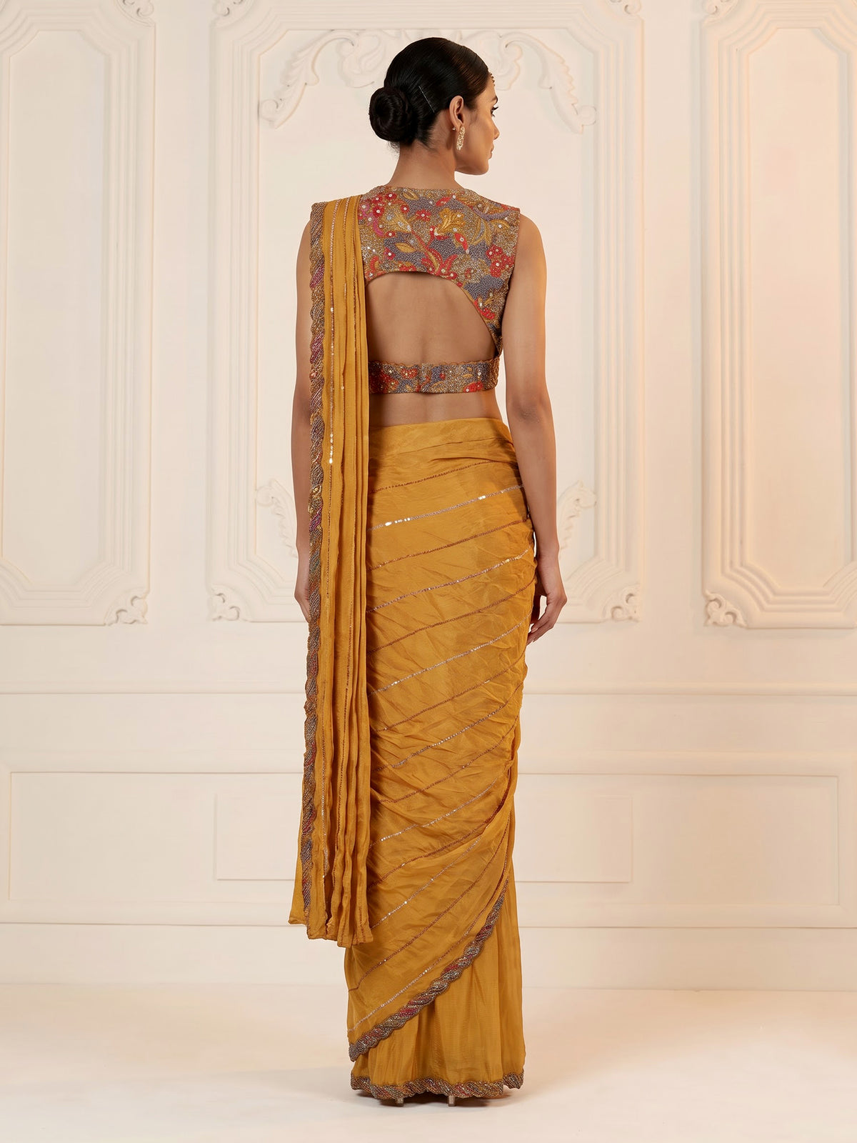 Mustard yellow sculpted drape designer women ready to wear saree