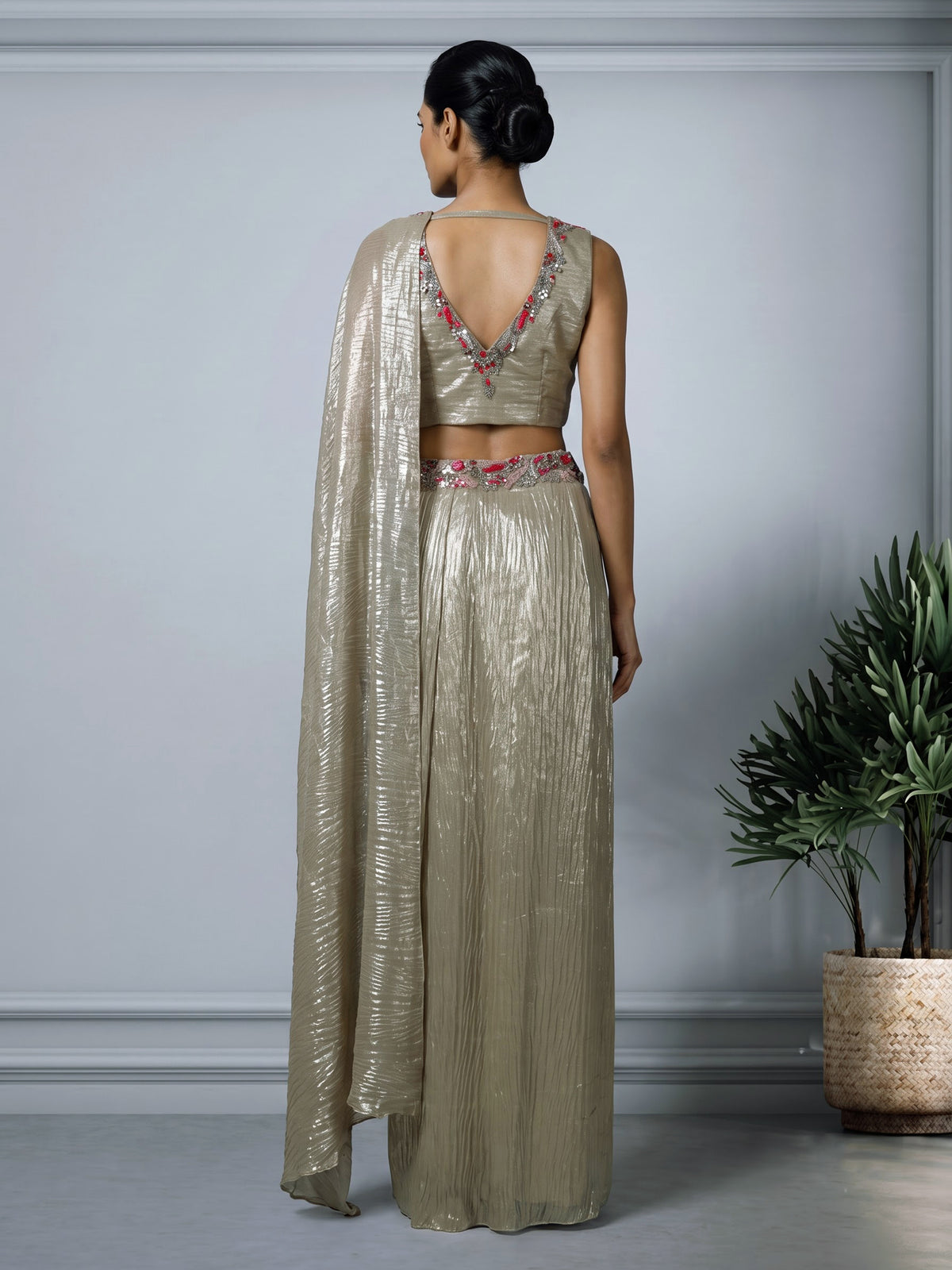 Pastel beige metallic designer women ready to wear saree