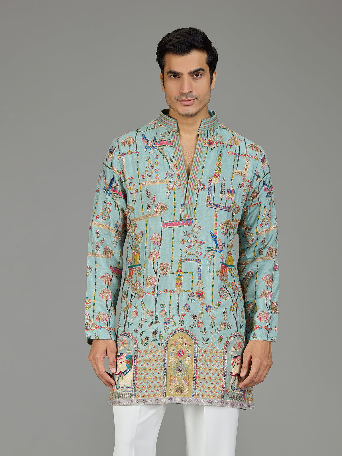 Blue heritage architecture print men kurta suit