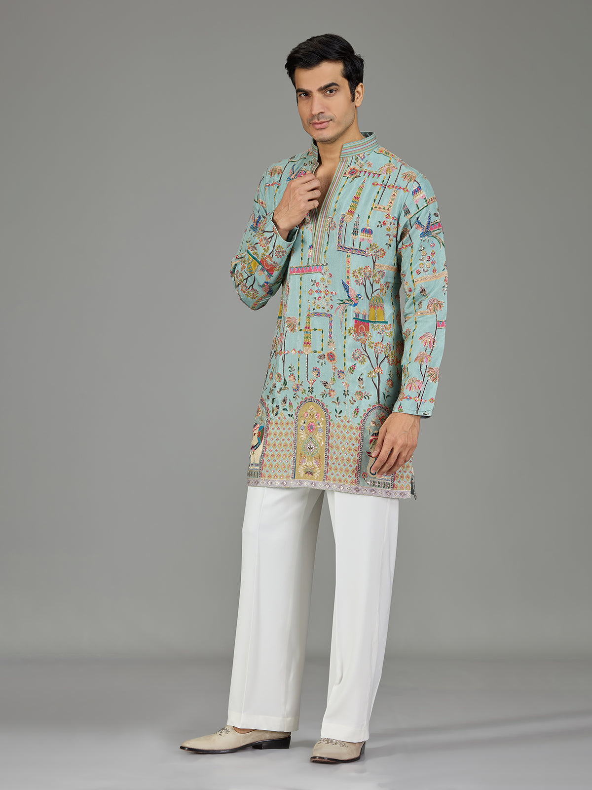 Blue heritage architecture print men kurta suit