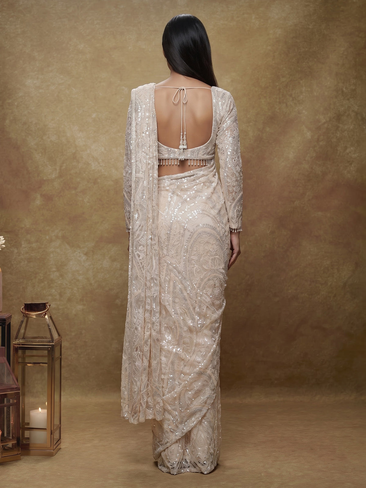 Cream couture lattice designer women ready to wear saree