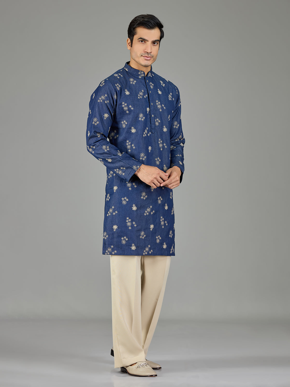 Deep indigo floral threadwork men kurta suit