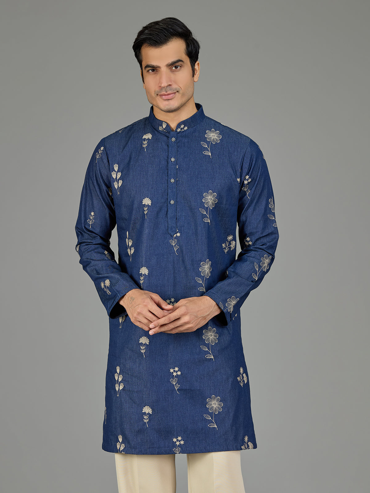 Blue botanical rosette threadwork men kurta suit