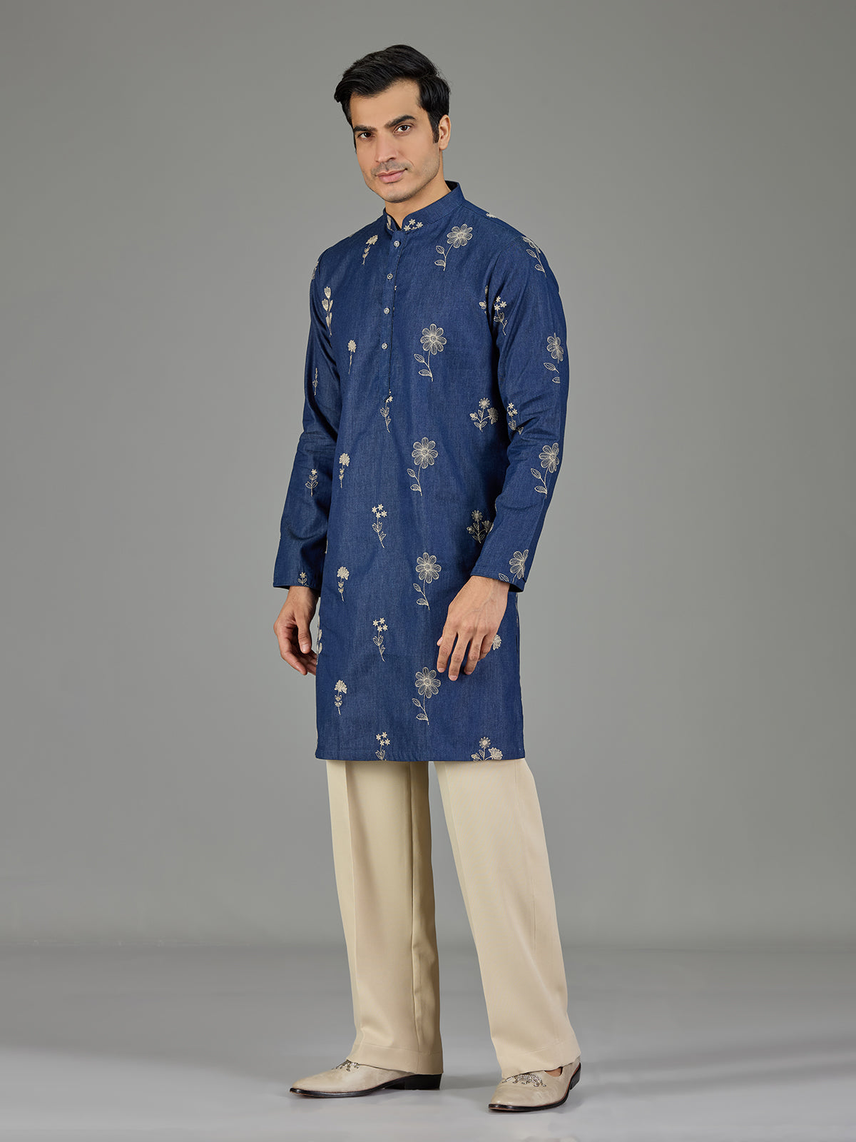 Blue botanical rosette threadwork men kurta suit