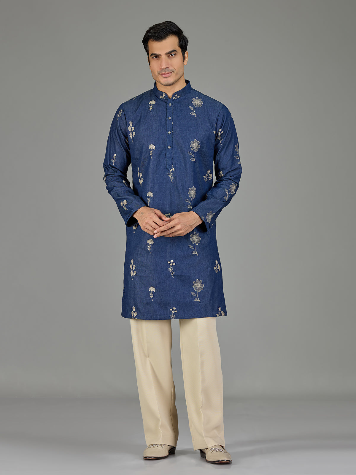 Blue botanical rosette threadwork men kurta suit