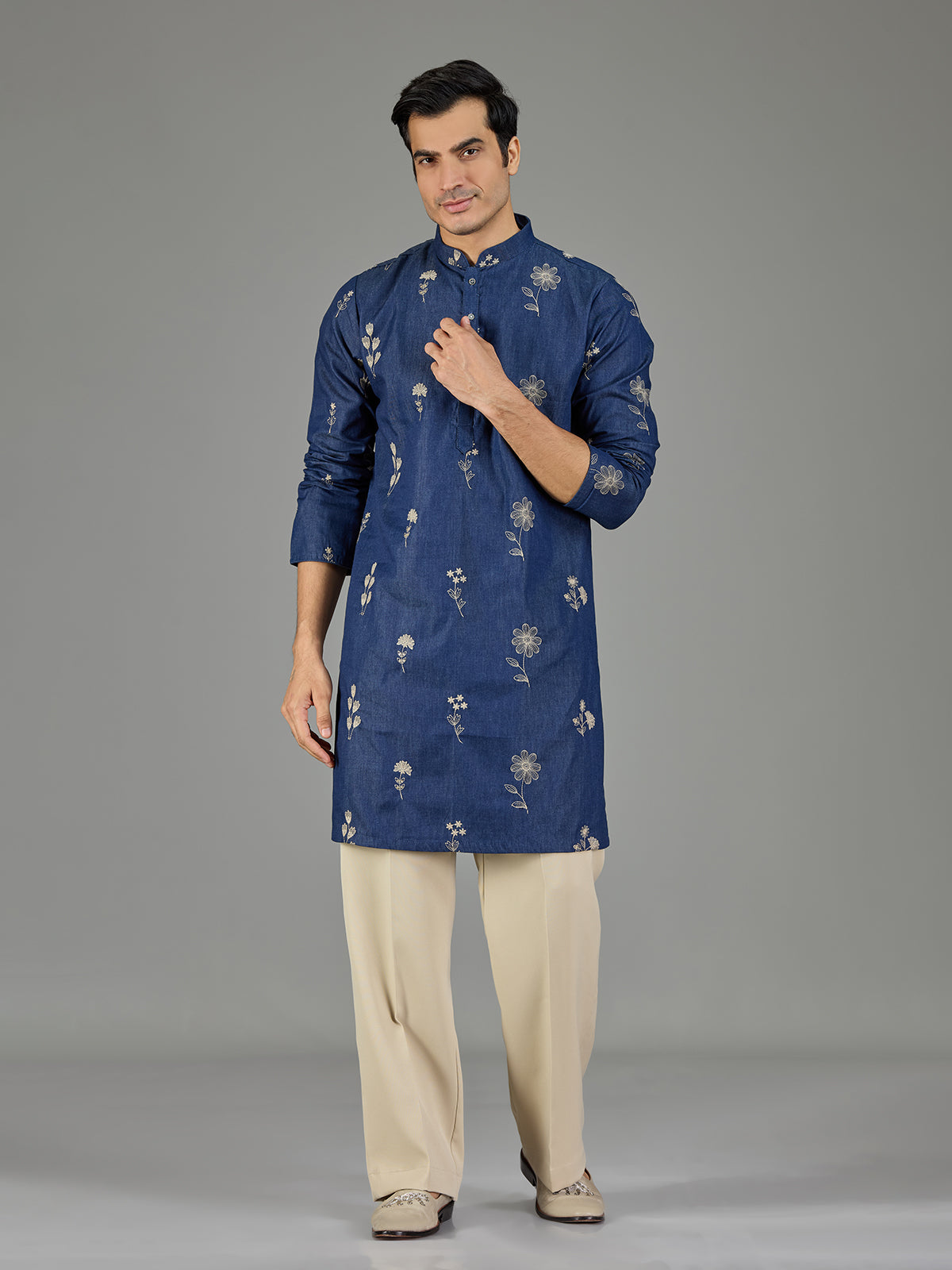 Blue botanical rosette threadwork men kurta suit