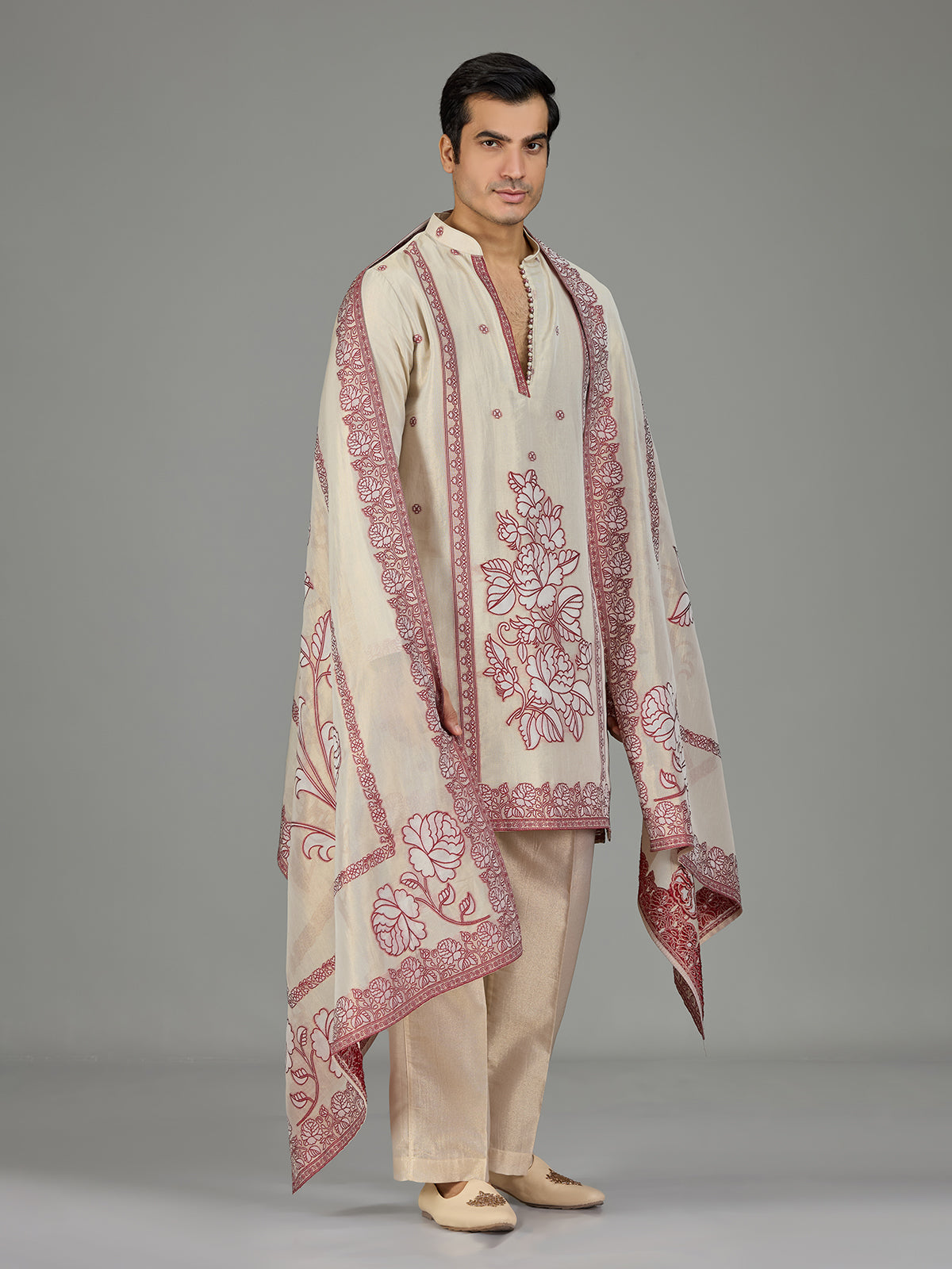 Pastel cream maroon floral traditional men kurta suit