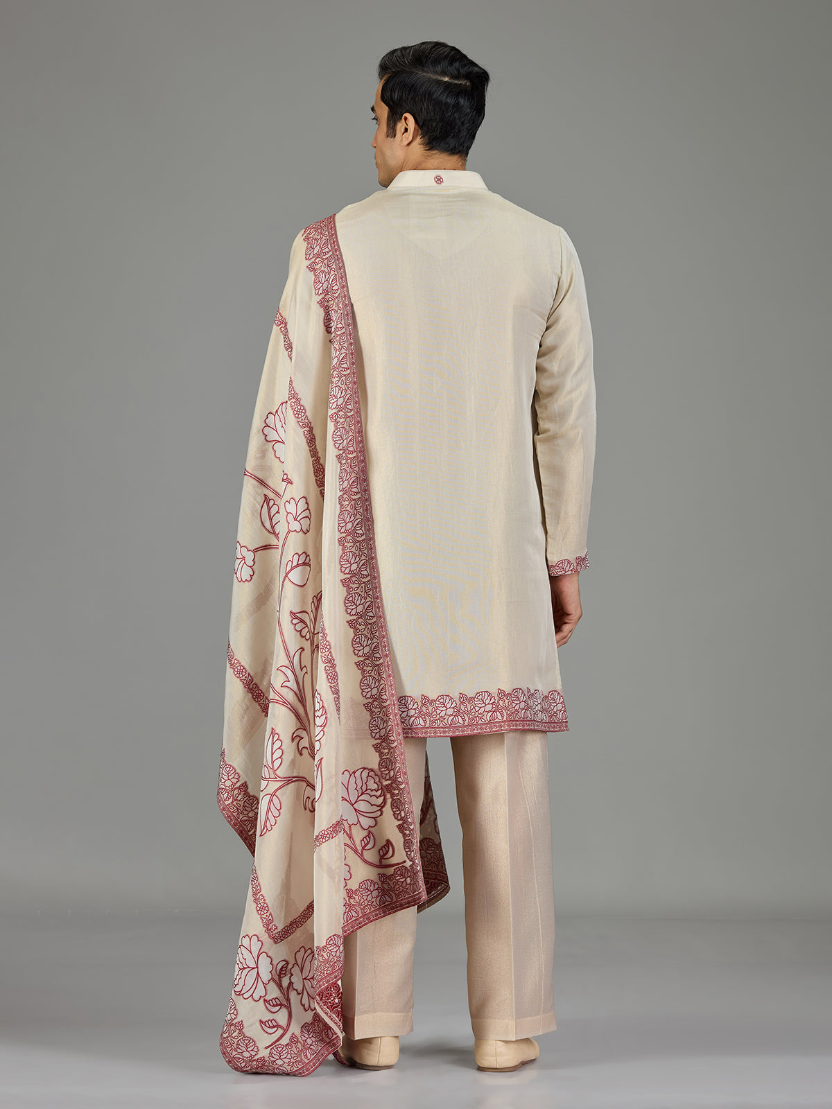 Pastel cream maroon floral traditional men kurta suit