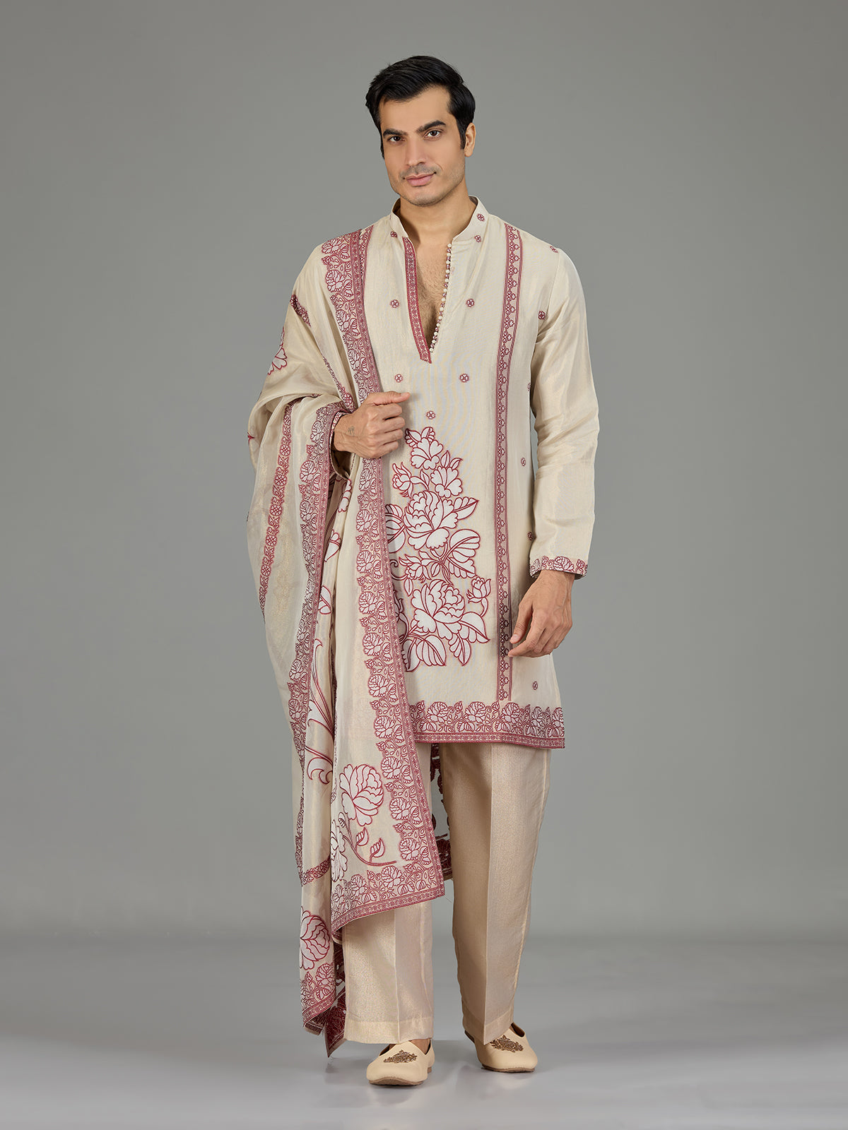 Pastel cream maroon floral traditional men kurta suit
