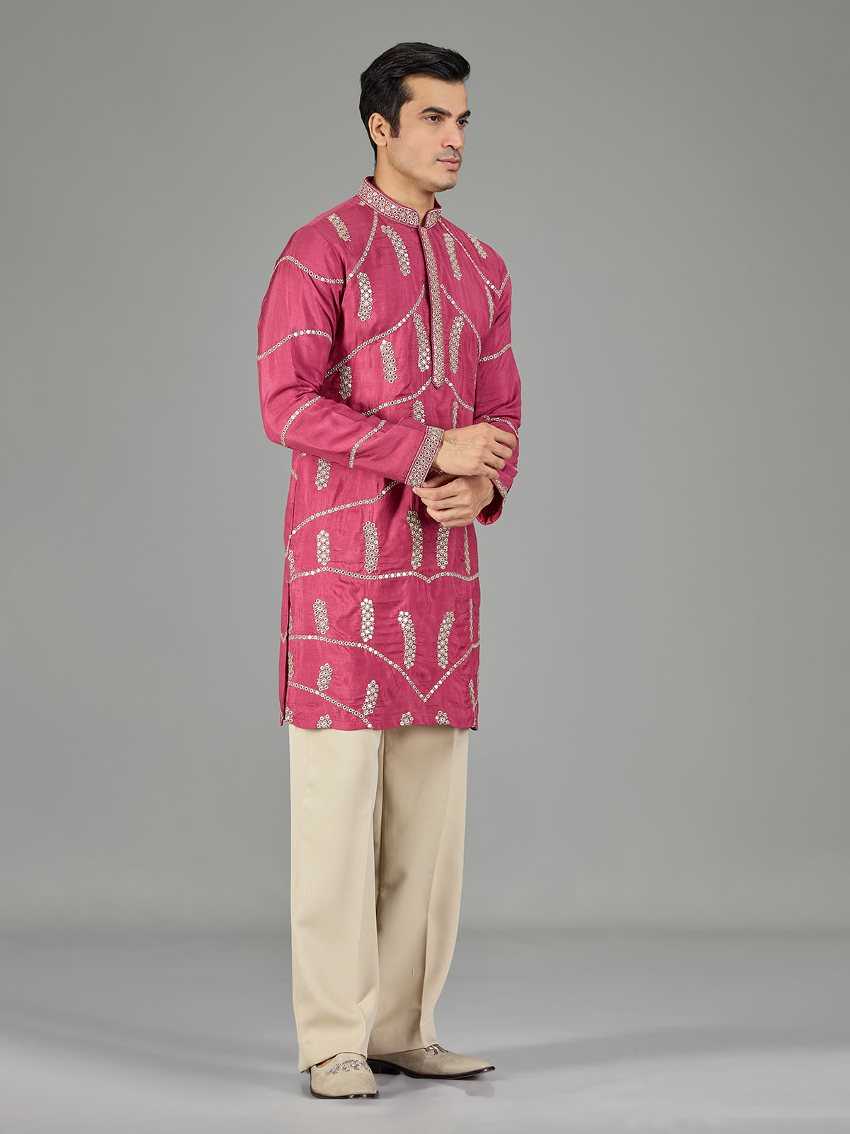Pink gotta patti zigzag men kurta suit