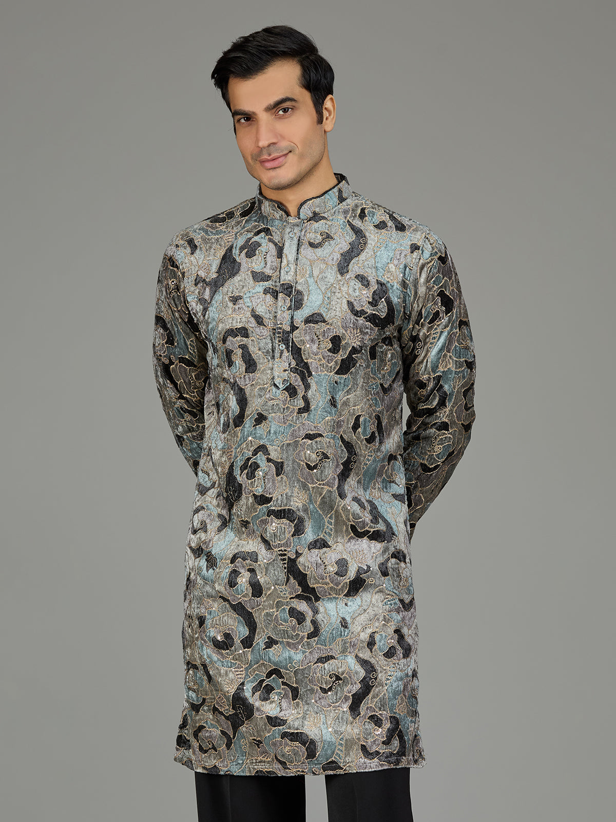 Grey velvet sequin threadwork men kurta suit