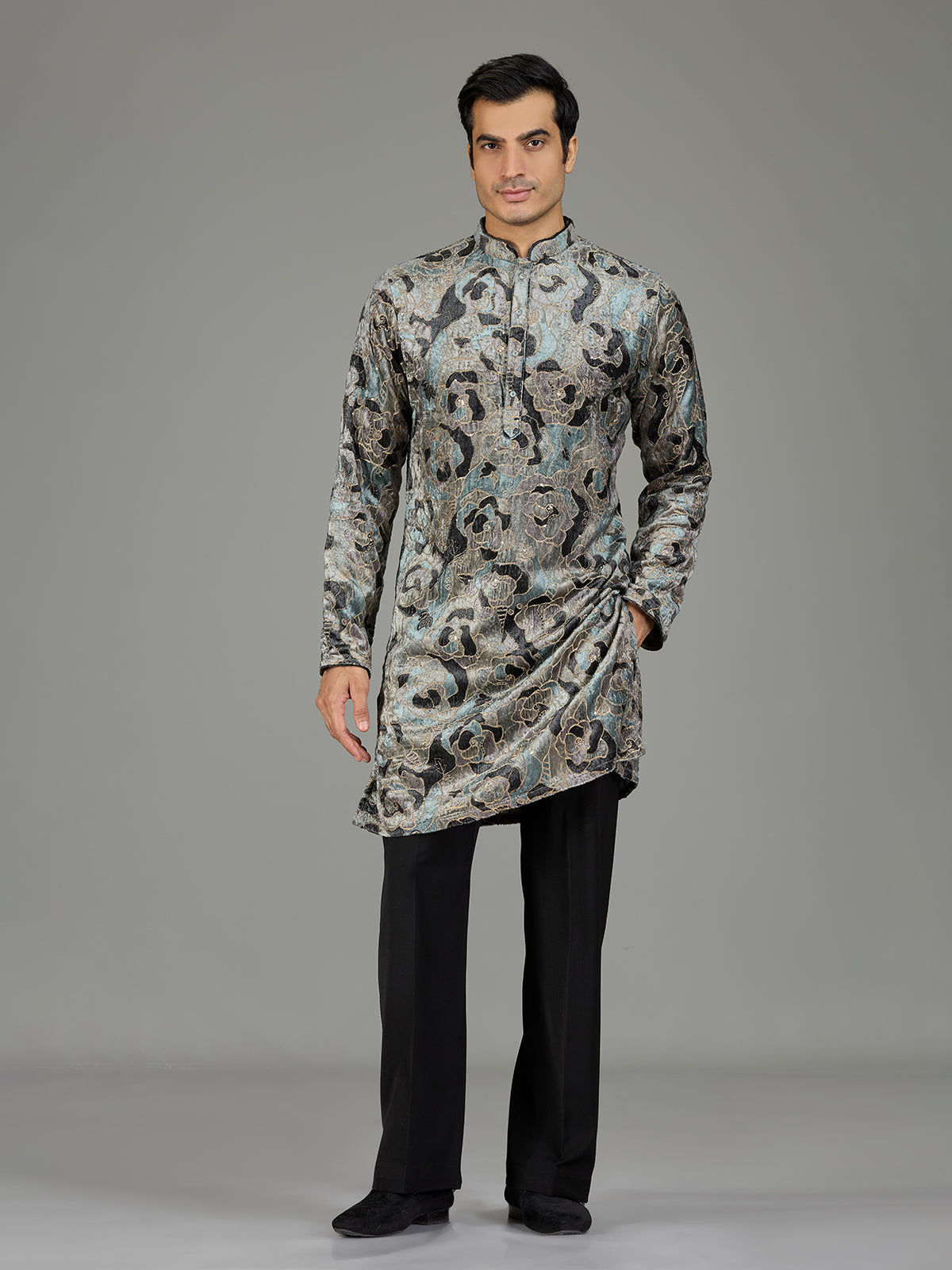Grey velvet sequin threadwork men kurta suit