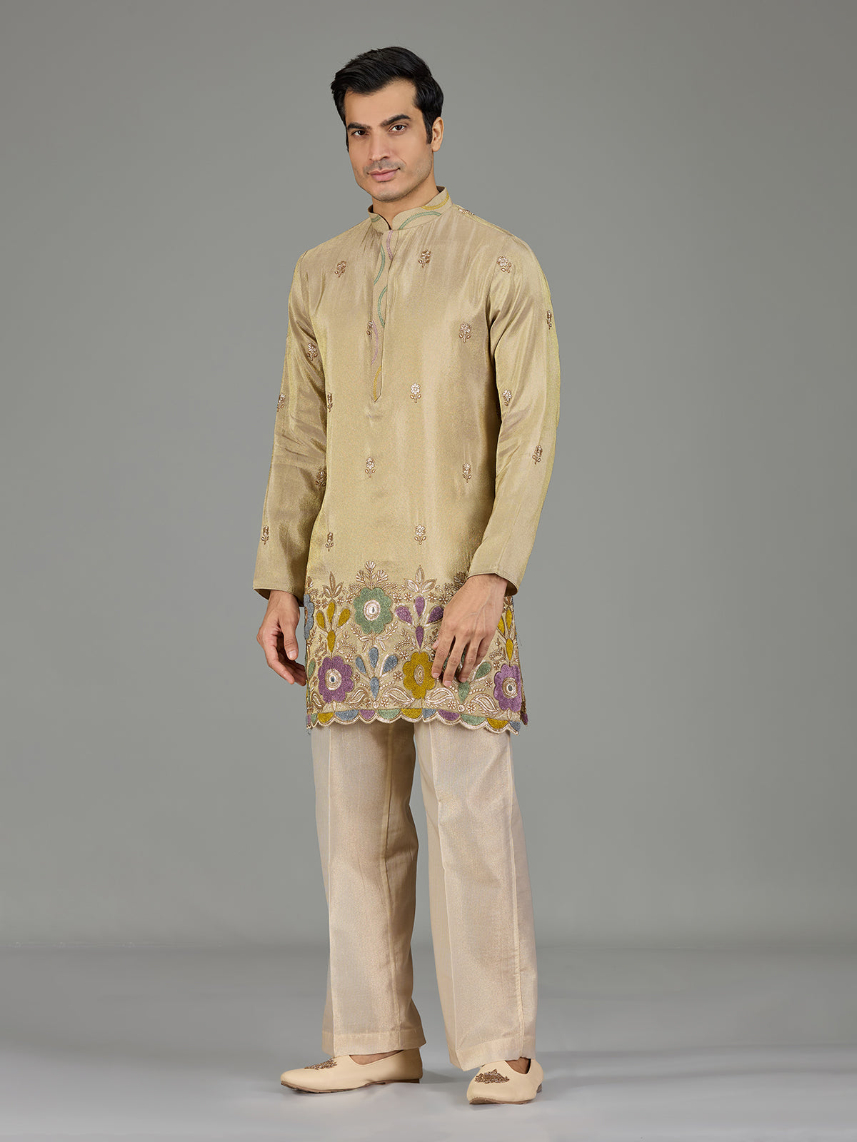 Pastel beige mirror floral men kurta suit
