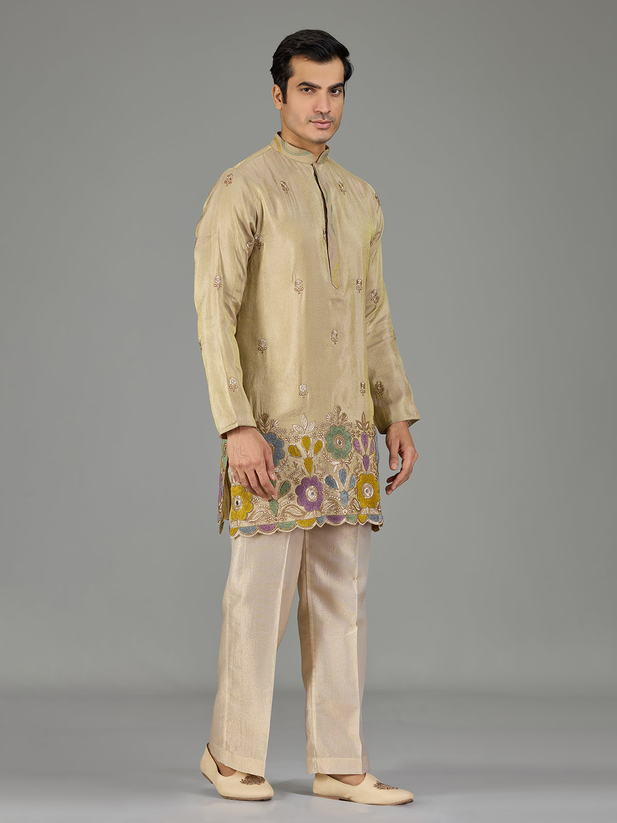 Pastel beige mirror floral men kurta suit