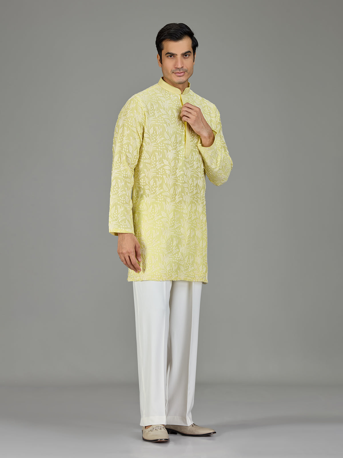 Yellow white thread botanical men kurta suit