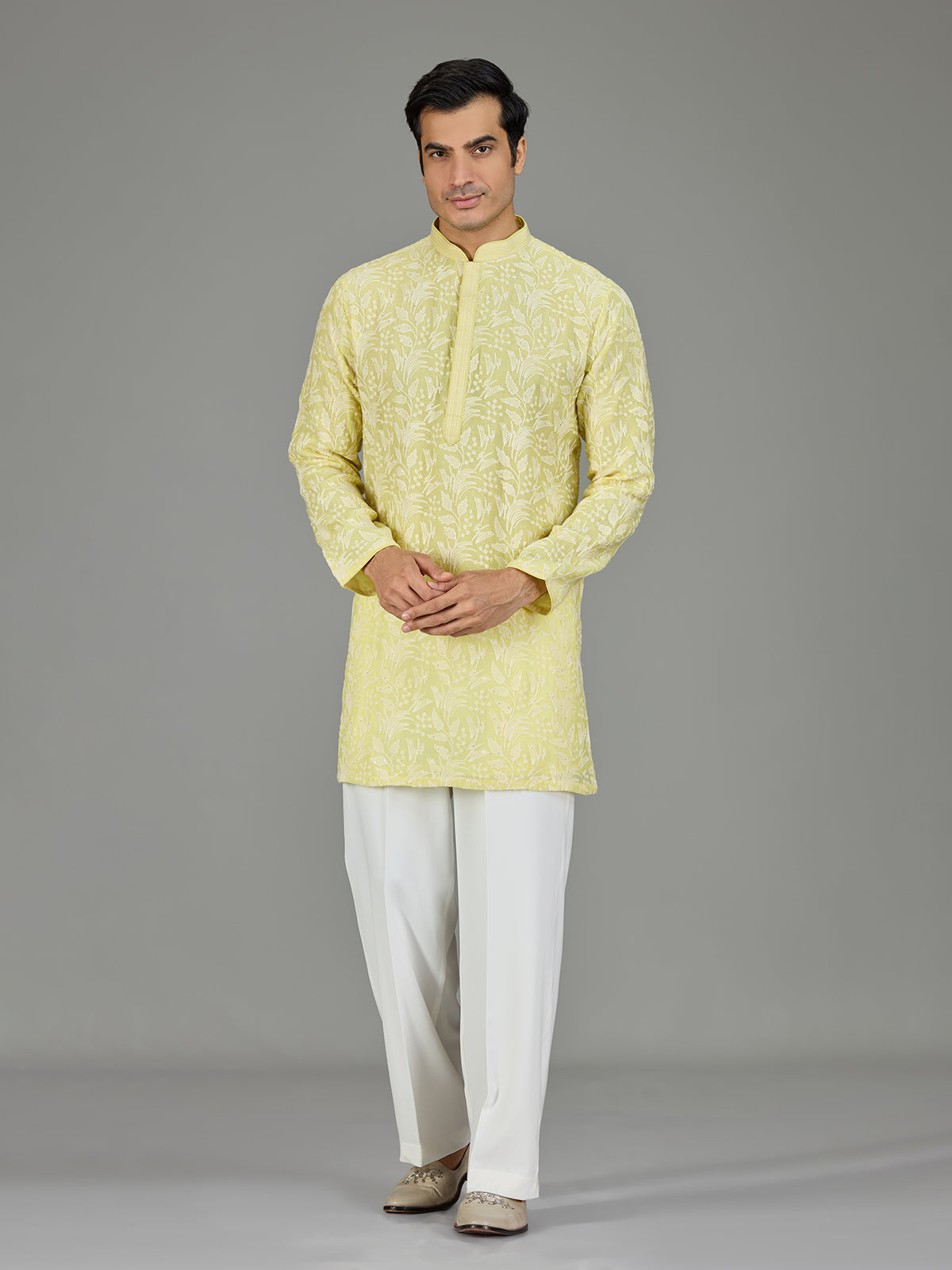 Yellow white thread botanical men kurta suit