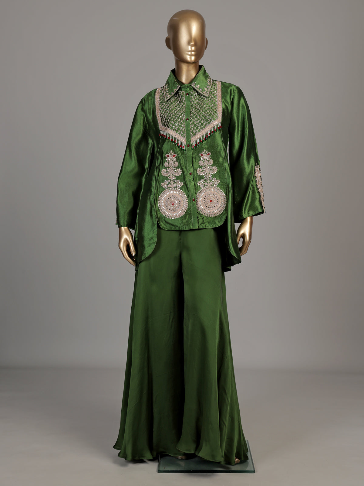 Green mughal medallion designer women palazzo suit