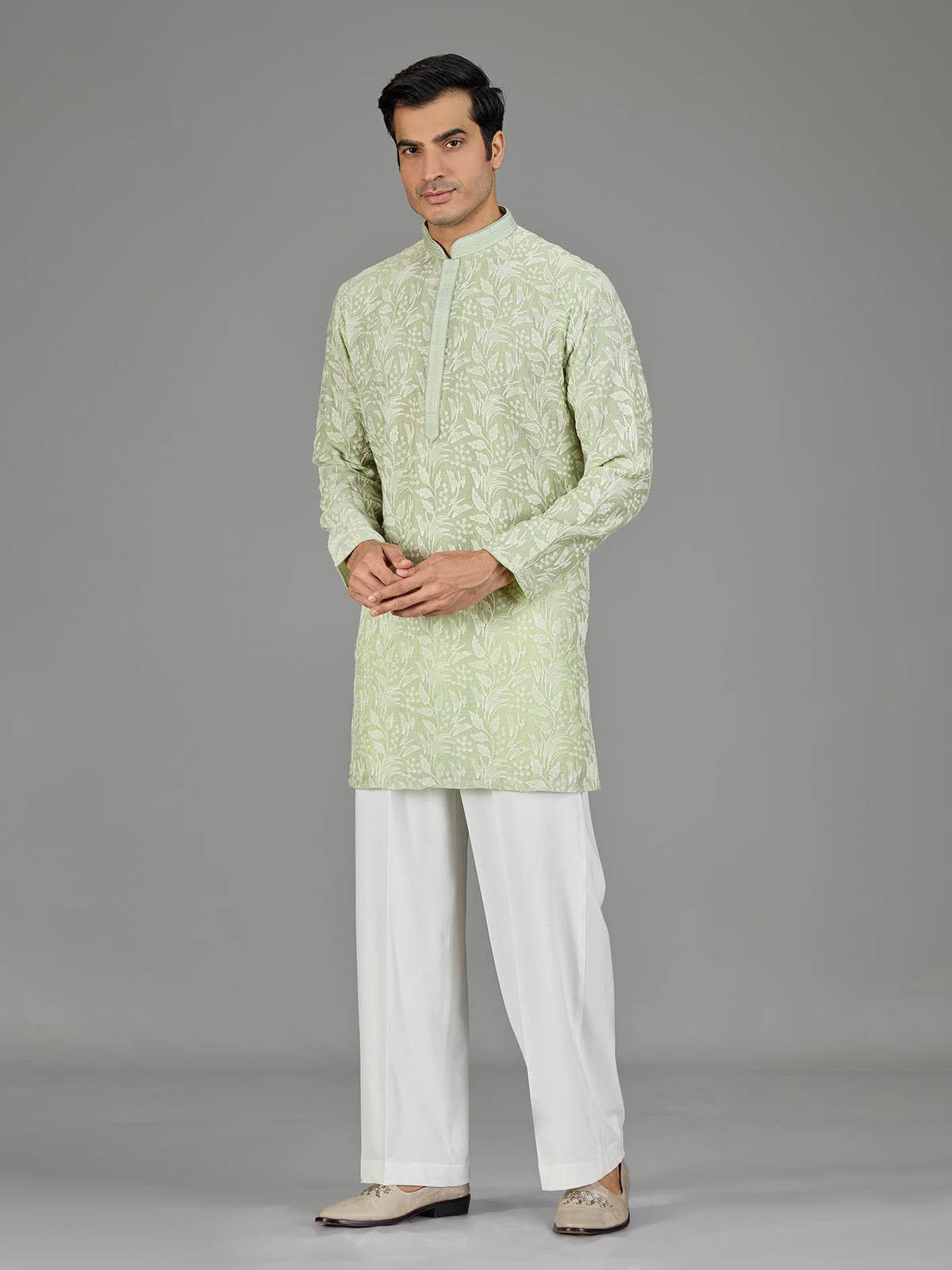 Green white botanical cotton silk blend men kurta suit