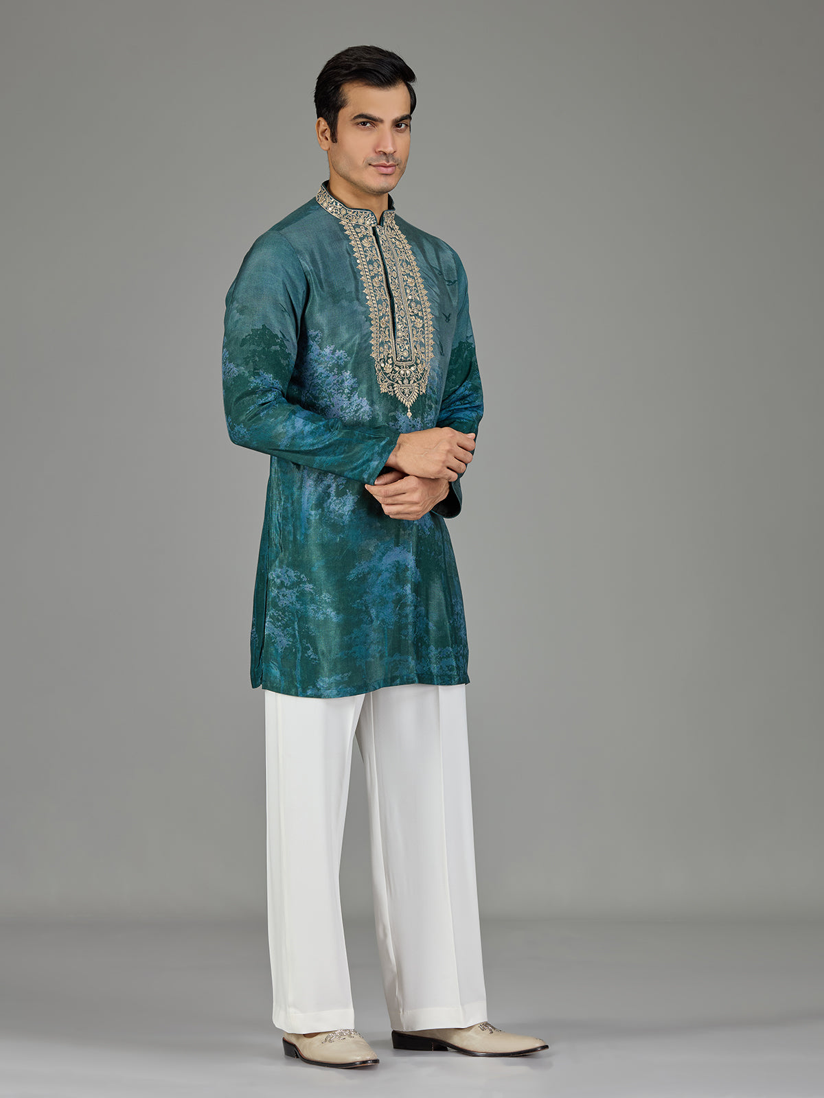 Forest green silk crepe blend royal print men kurta suit