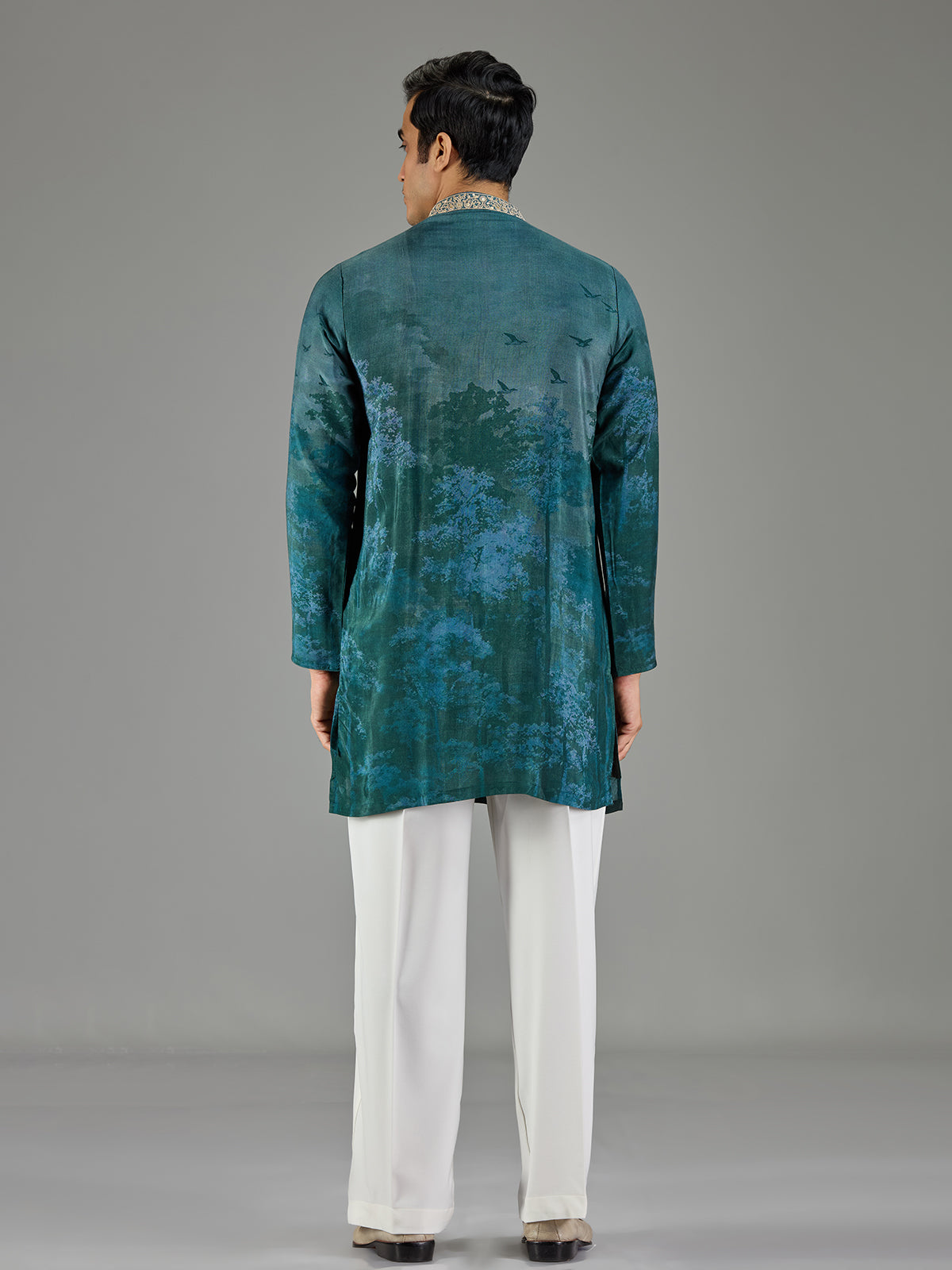 Forest green silk crepe blend royal print men kurta suit
