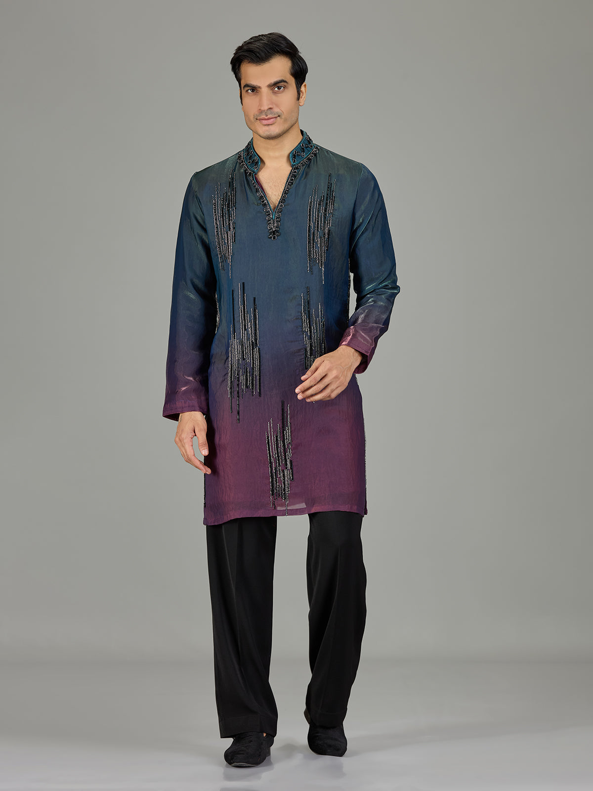 Teal purple shaded cutdana men kurta suit