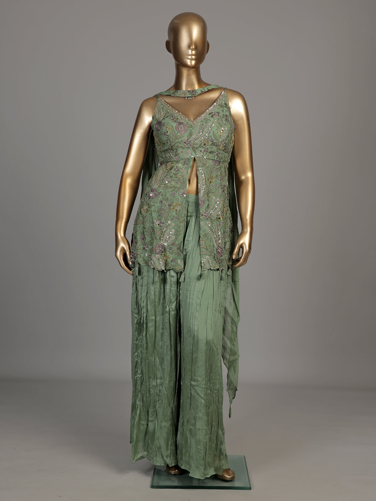 Sage green paisley slit designer women palazzo suit