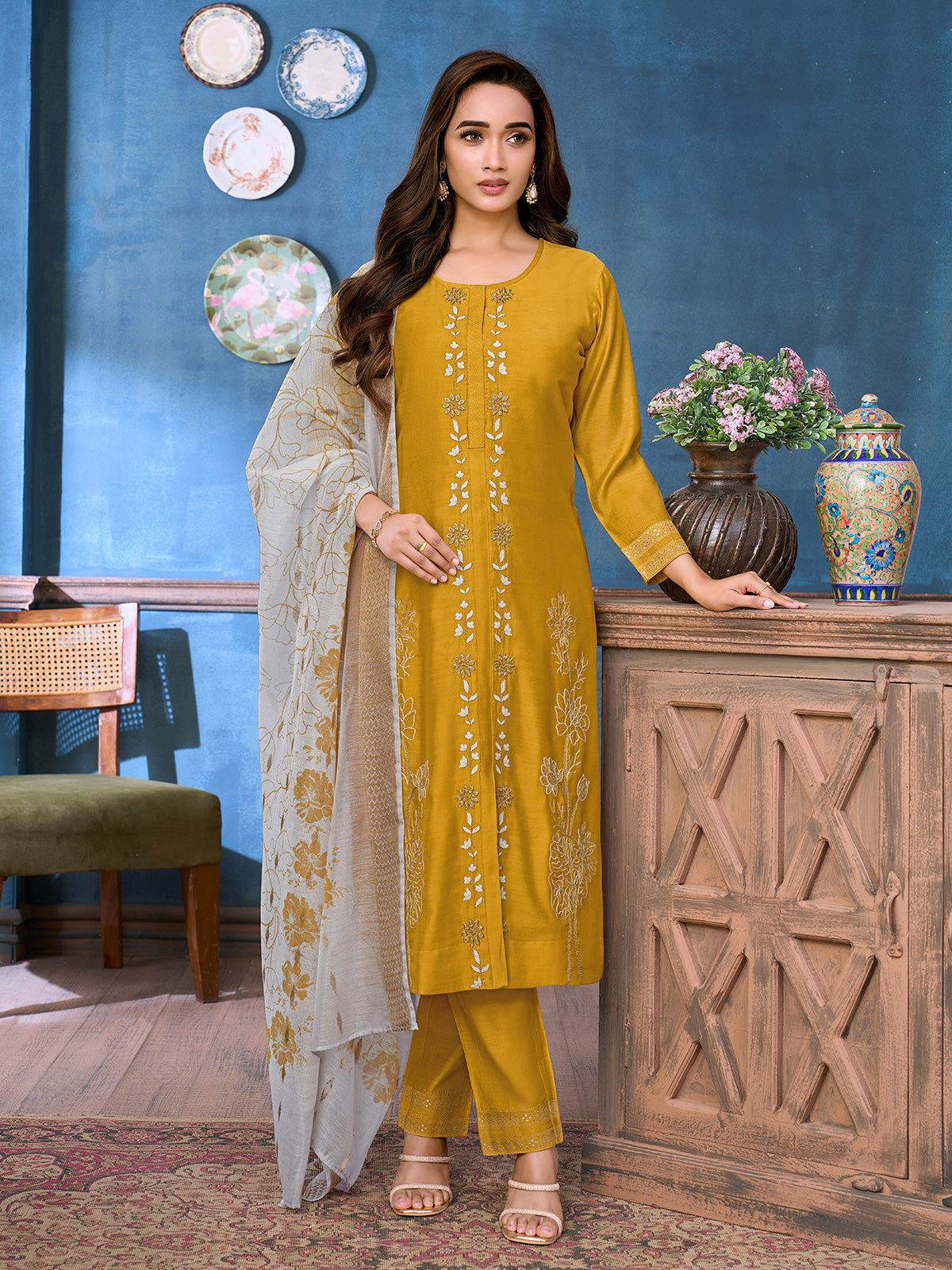 Mustard yellow cutdana women pant suit