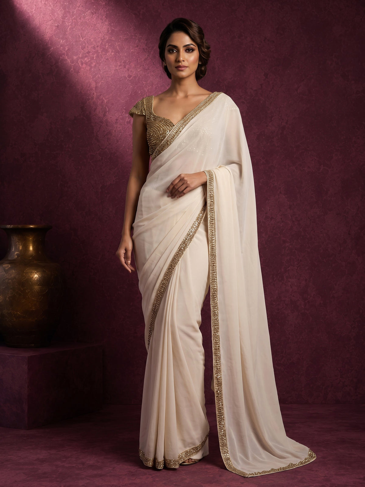 Off white grecian drape designer women ready to wear saree