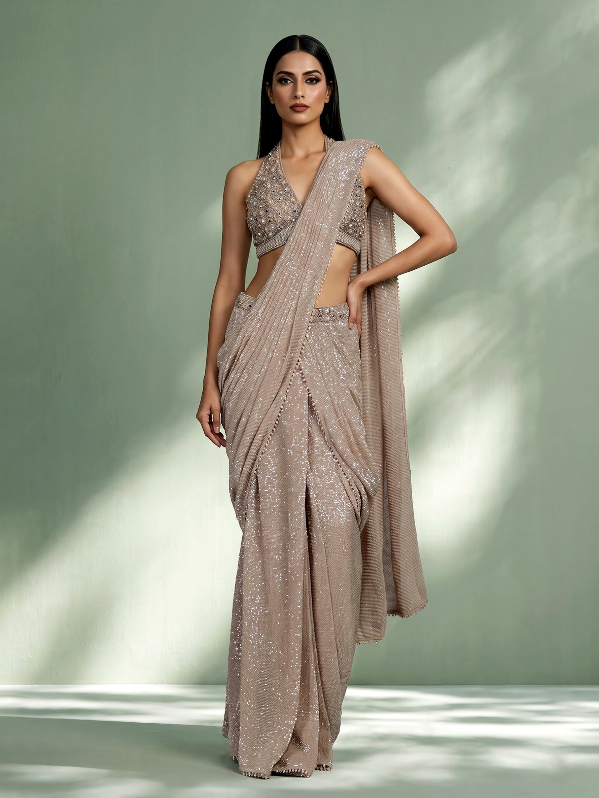 Beige sequin shimmer designer women ready to wear saree