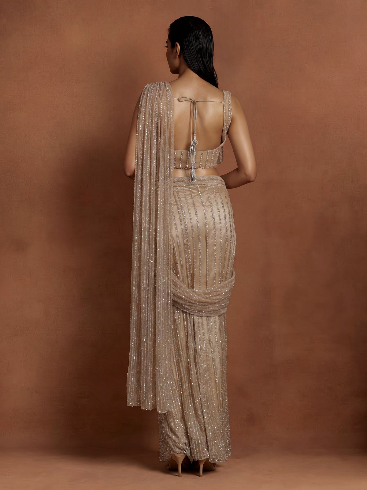 Beige pinstripe drape designer women ready to wear saree