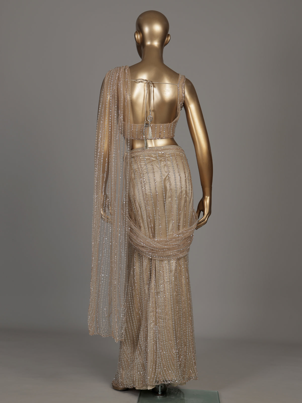 Beige pinstripe drape designer women ready to wear saree