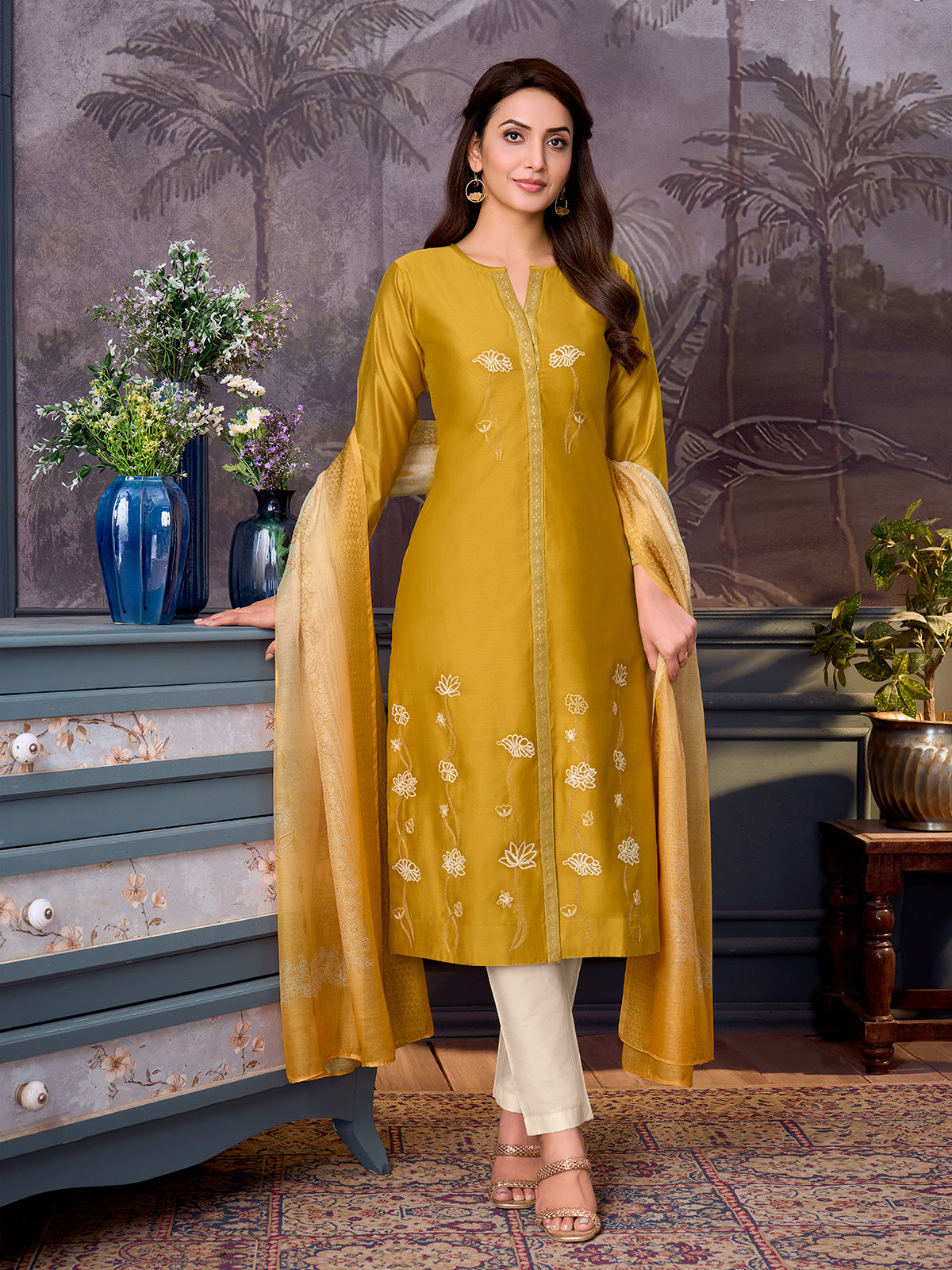 Mustard yellow resham artistry women pant suit