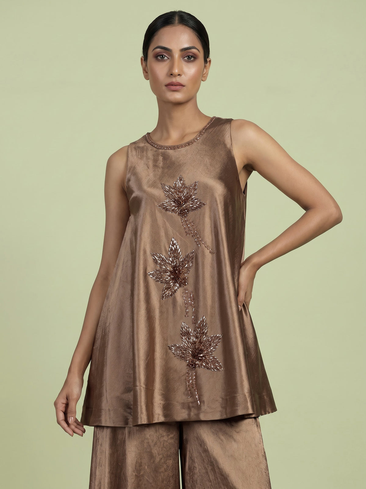 Brown floral satin silk women palazzo suit