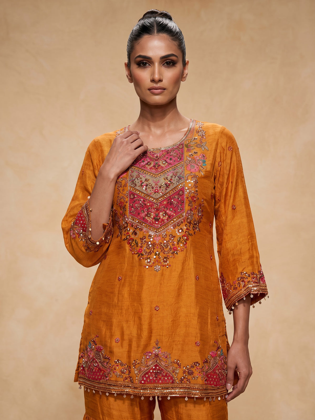 Mustard yellow heritage print women sharara set