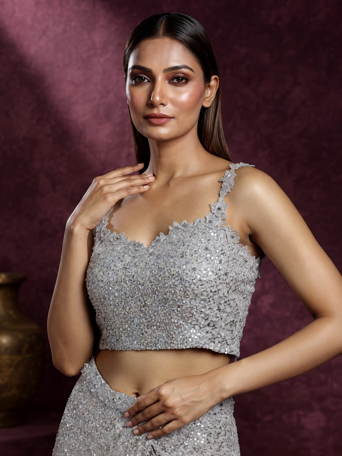 Silver scalloped strap designer women ready to wear saree