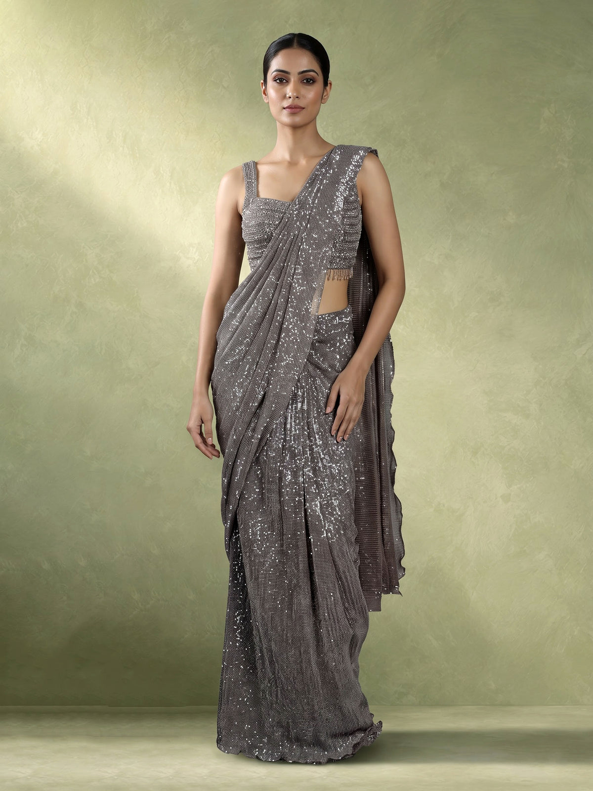 Grey sculpted drape designer women ready to wear saree