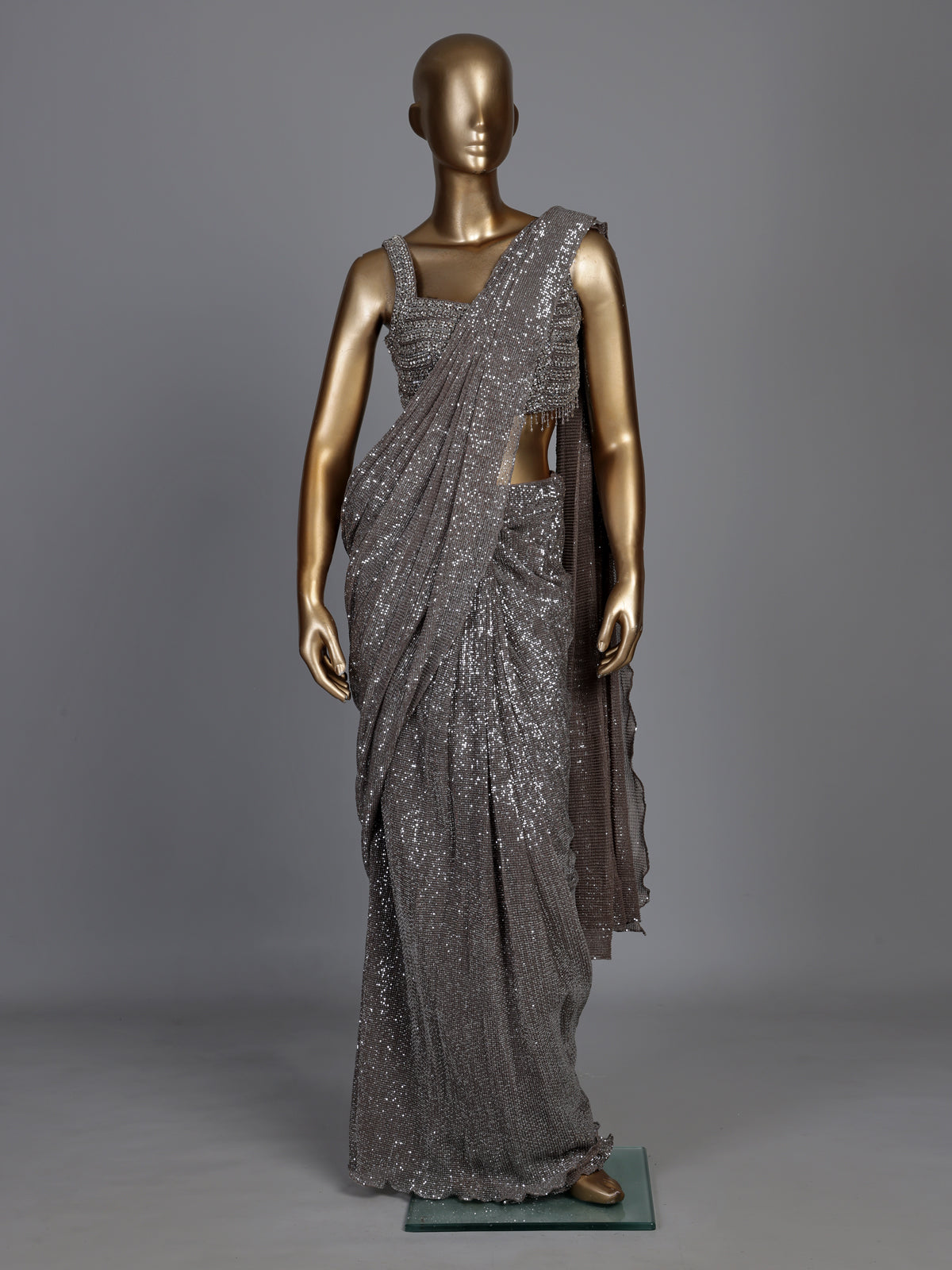 Grey sculpted drape designer women ready to wear saree