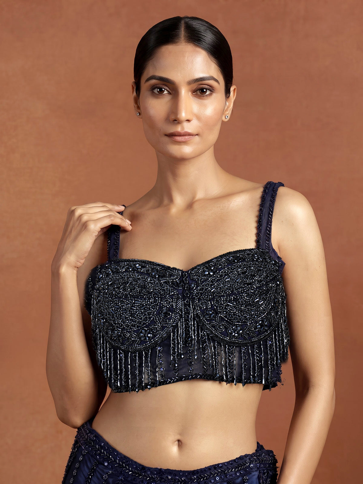 Blue crystal fringe designer women ready to wear saree