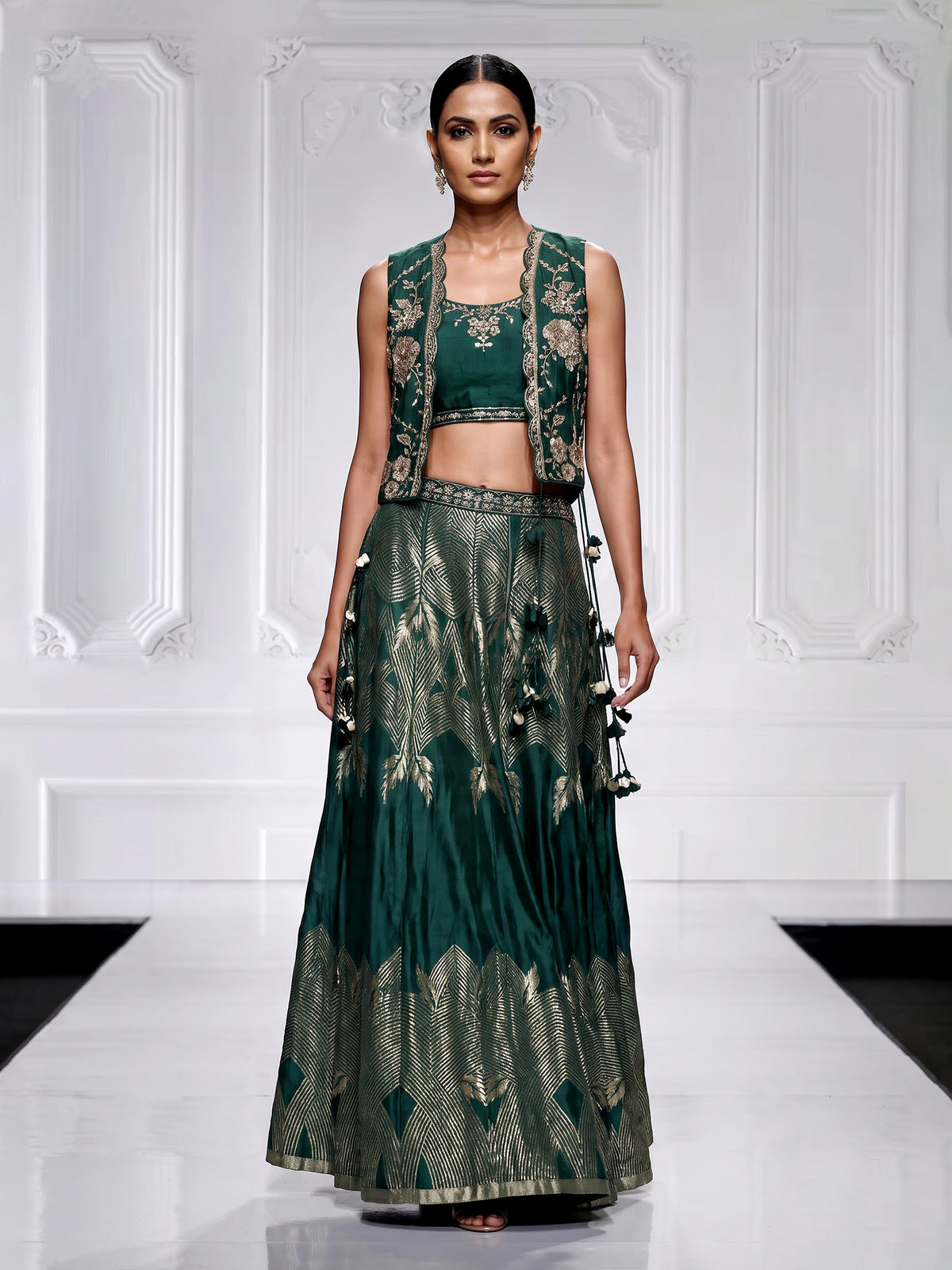 Bottle green zari jacket women palazzo suit