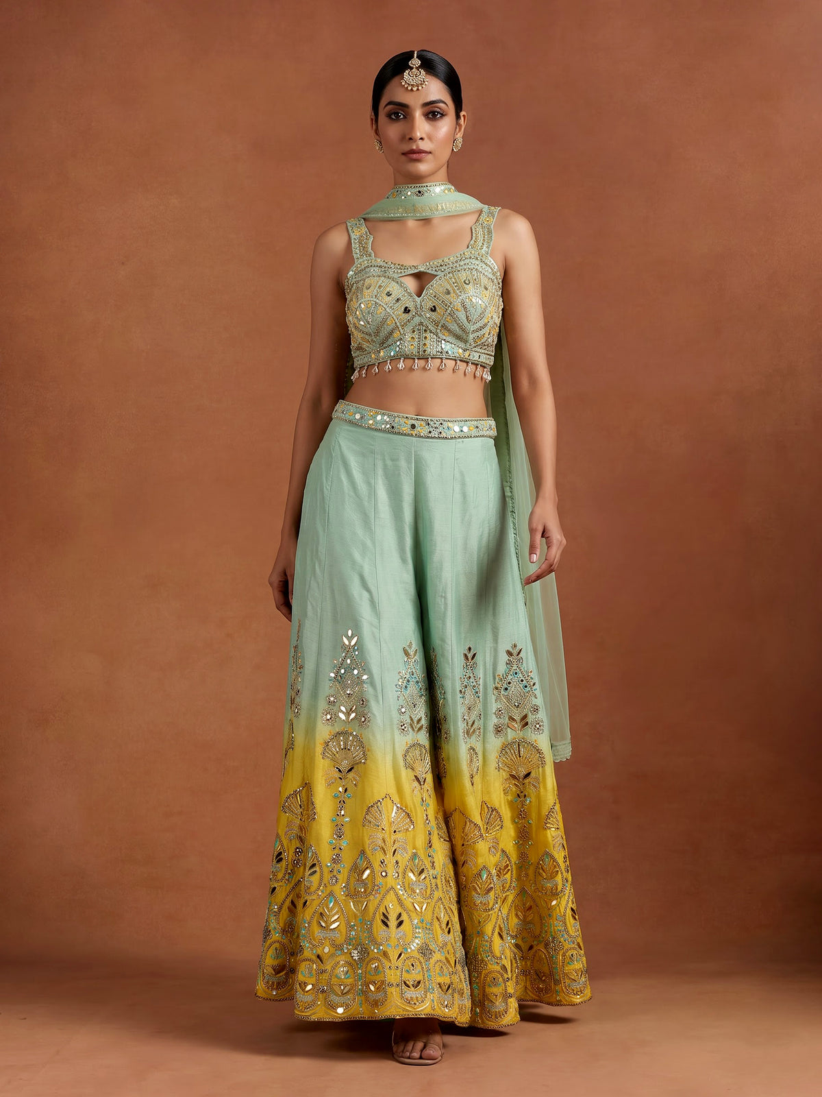 Pista green geometric women palazzo suit
